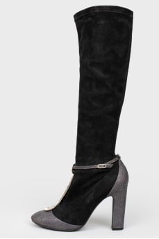 High boots without fasteners with rhinestones