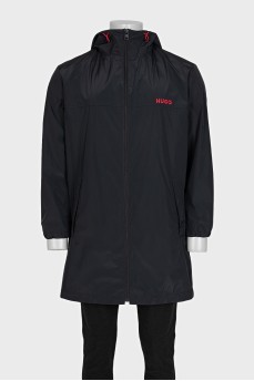 Men's black hooded trench coat with tag