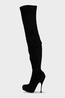 Black suede over-the-knee boots with a zipper