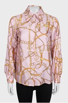 Straight-cut silk shirt with a yellow print