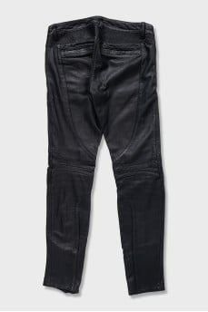 Black tapered leather trousers