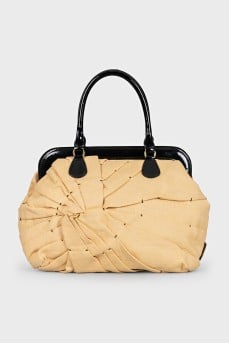 Yellow tote bag with patent leather handles