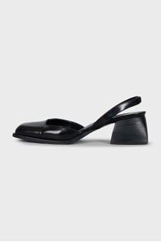 Black leather square toe slingbacks