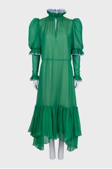 Silk green dress with ruffles