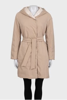 Double-sided down jacket with belt and hood