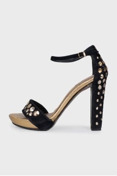 Suede heeled sandals with rhinestones