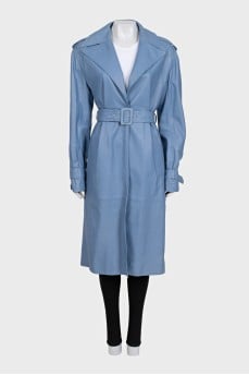 Blue leather trench coat