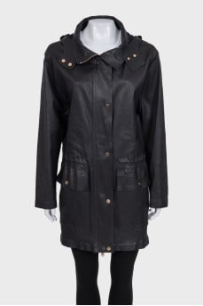 Long leather jacket with a hood