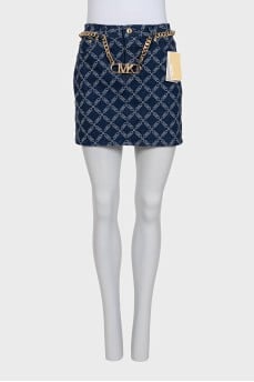 Denim mini skirt with print and tag