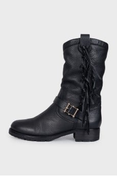 Black fur-trimmed slip-on boots