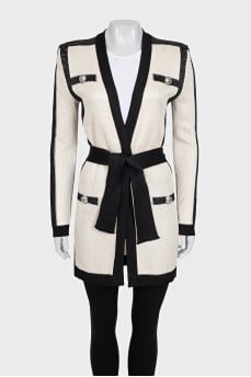 Black and white long cardigan with a belt