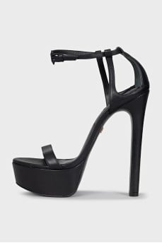 Black leather high-heeled sandals