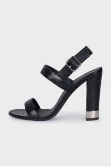Black leather heeled sandals with silver hardware