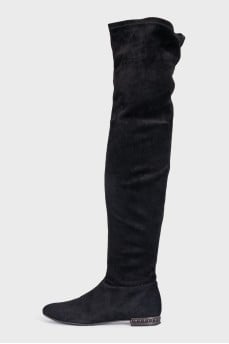 Black suede over-the-knee boots with rhinestones