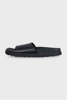 Men's black leather flip flops with logo