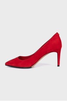 Red suede pumps