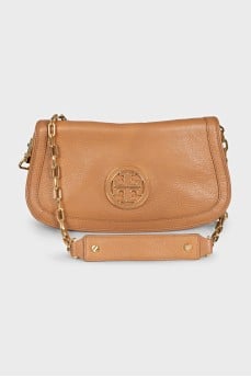 Brown leather bag with gold logo