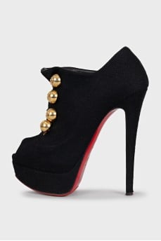 Black open-toe fabric ankle boots