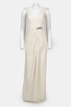 Evening milky floor-length dress with flounces