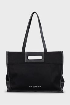 Rectangular textile bag with leather handles