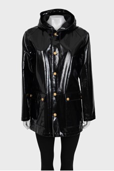 Black patent leather cloak with a hood
