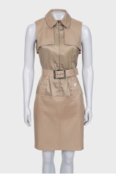 Beige leather dress with textile inserts