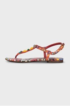 Leather sandals with a print and crystal embellishments