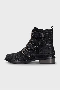 Black suede boots decorated with rhinestones