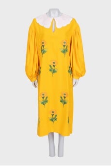 Yellow linen dress with floral embroidery