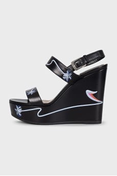 Black leather wedge sandals