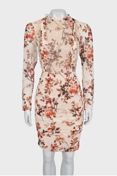 Beige floral print ruched dress
