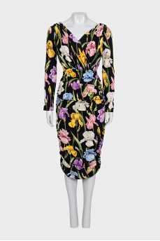 Black printed dress with draping