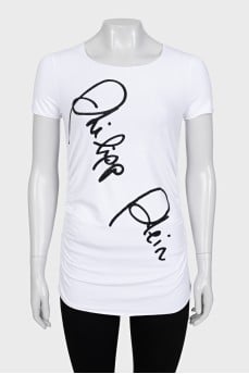 White T-shirt with a signature print and rhinestones