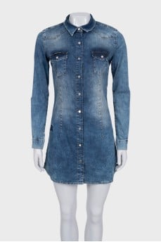 Blue denim dress with rhinestone logo
