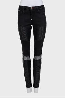 Black skinny fit jeans with leather inserts