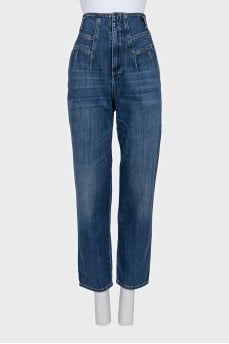 High-waisted wide-leg jeans with distressing
