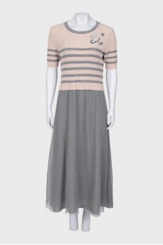 Gray striped dress with embroidery