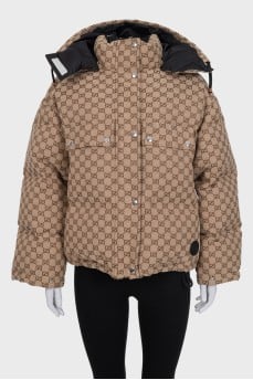 Brown down jacket with signature print