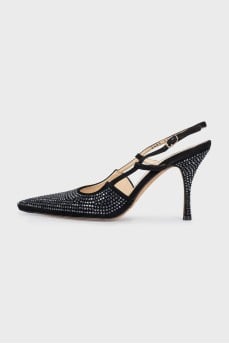 Black slingbacks decorated with rhinestones
