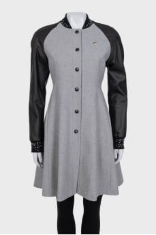 Gray coat with leather sleeves