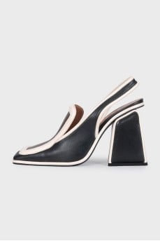 Two-tone leather square-toe slingbacks