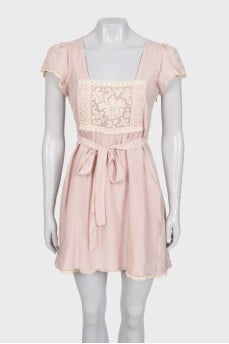 Silk pink dress with lace insert