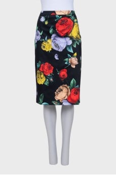 Straight-cut skirt with a floral print and a zipper