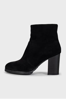 Black suede high-heeled ankle boots