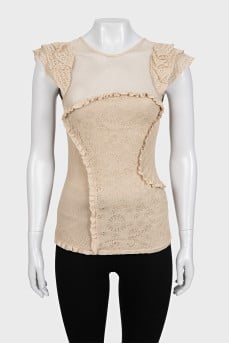 Beige T-shirt with lace sleeves