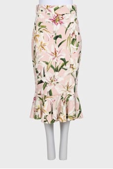 Floral print fitted skirt with ruffle trim