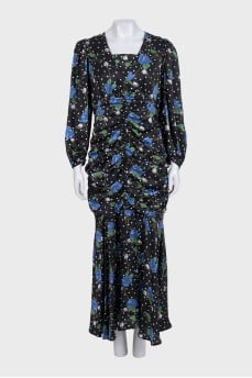Black floral print dress with draping