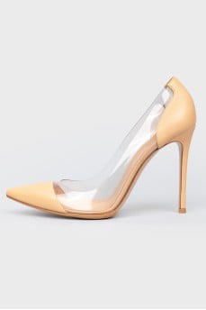 Beige leather pumps with sheer insert