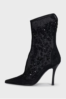 Black textile ankle boots with decoration
