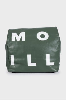 Green leather clutch with signature print